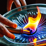 ** A close-up of a person's hands carefully manipulating molten glass with a torch, focusing on the dance between the flame and the glass, showing the delicate shaping process. Emphasize the heat and the vibrant colors of the glass.

**