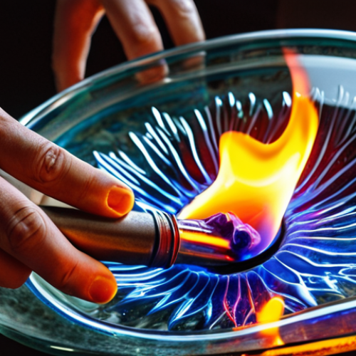 ** A close-up of a person's hands carefully manipulating molten glass with a torch, focusing on the dance between the flame and the glass, showing the delicate shaping process. Emphasize the heat and the vibrant colors of the glass.

**