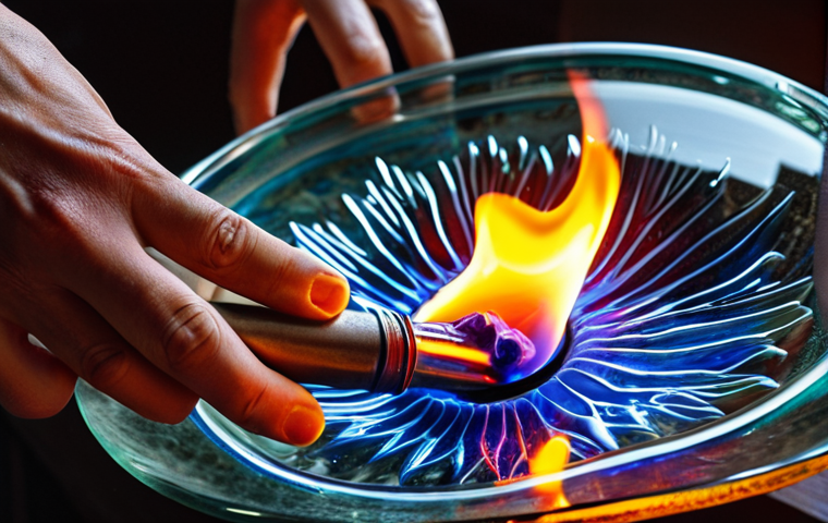 ** A close-up of a person's hands carefully manipulating molten glass with a torch, focusing on the dance between the flame and the glass, showing the delicate shaping process. Emphasize the heat and the vibrant colors of the glass.
**