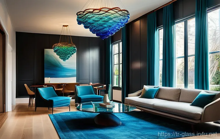 유리공예 맞춤형 조명 디자인 - Prompt 1: Organic Blown Glass Chandelier in a Modern Living Room** 유리공예 맞춤형 조명 디자인 - Prompt 1: Organic Blown Glass Chandelier in a Modern Living Room**