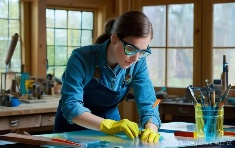 유리공예 입문자를 위한 필수 팁 - **Prompt:** A focused young adult (appearing 18-25 years old) female glass artist, wearing safety gl...